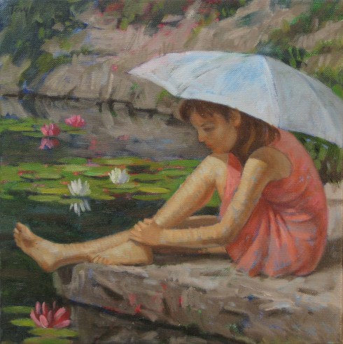 By the Lily Pond, Oil, 12 x 12